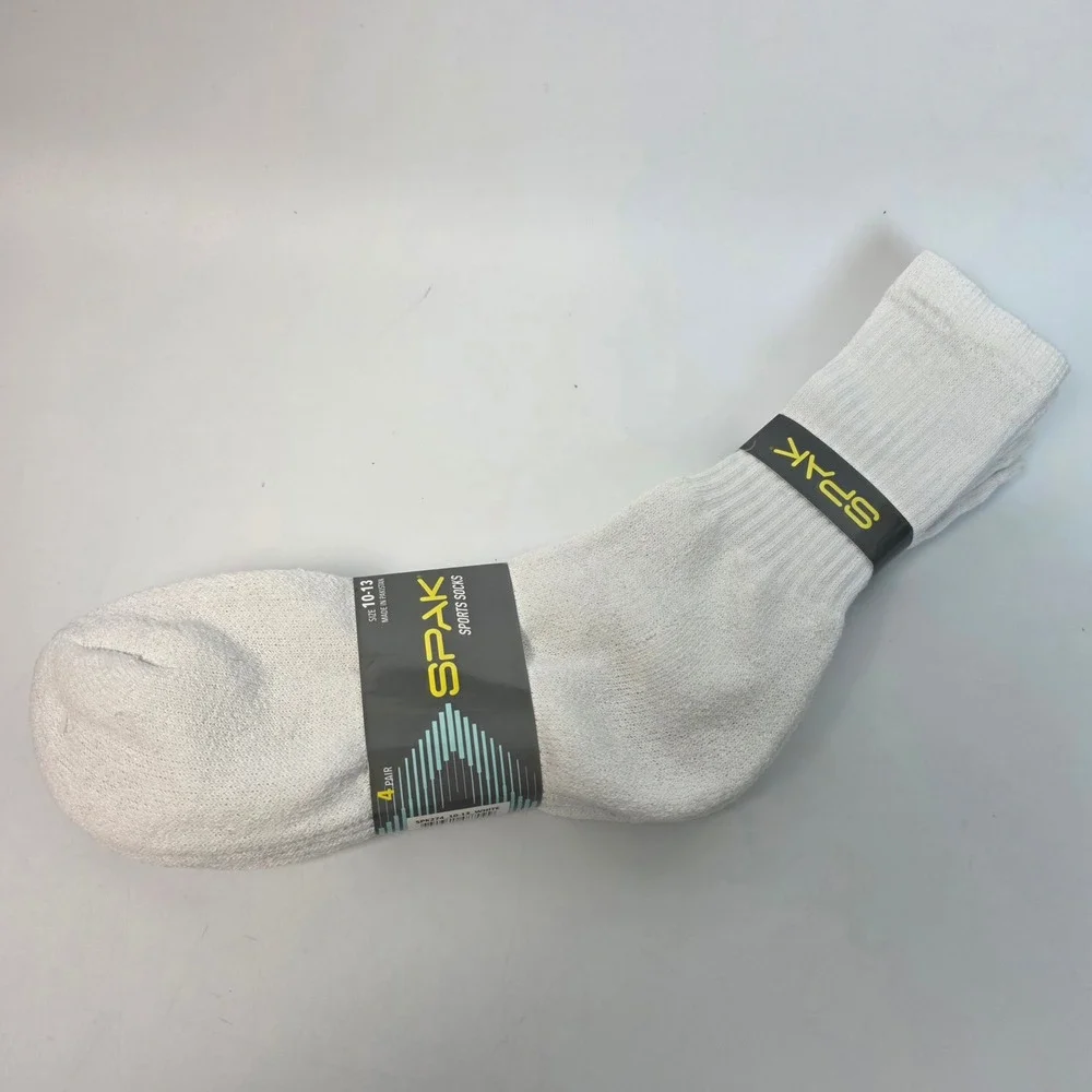 Spak Sports Socks 4 Pair Pack Mens White Crew Athletic Cotton Blend Size 10-13